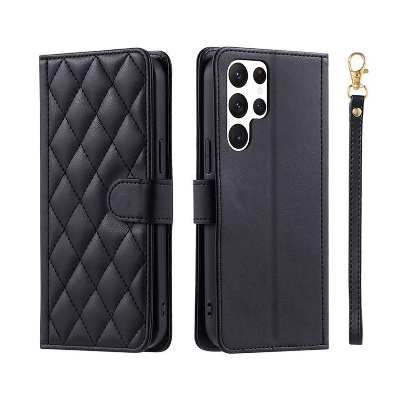 Checkered Leather Wallet Case For Samsung Galaxy S24 S23 S22 S21 S20 FE S10 Note 20 Ultra 10 Plus 9 8 Lanyard Flip Phone Cover