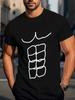 Unisex Black Short Sleeve Crew Neck Tee Minimal Six Pack Abs Line Print Soft Cotton Summer Casual Fitness Gym Daily Street Outfit