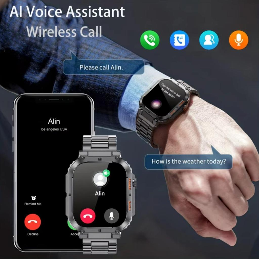 New Rugged Military Smart Watch Outdoor Sport Bracelet 1.96'' HD Display Sports Fitness AI Voice Smartwatch