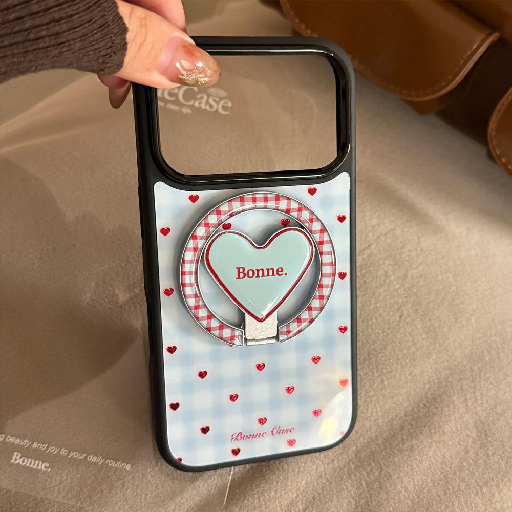 Gold-plated Blue Checkered Heart-shaped Apple IPhone 17 Pro Max Phone Case, Compatible with IPhone 16, 12, and 15 Magnetic Stand Phone Case