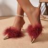 Women  Elegant Fluffy Fur High Heels Sandals Summer Metal Pointed Toe Mule Slippers Woman Plus Size Kitten Heel Party Shoes