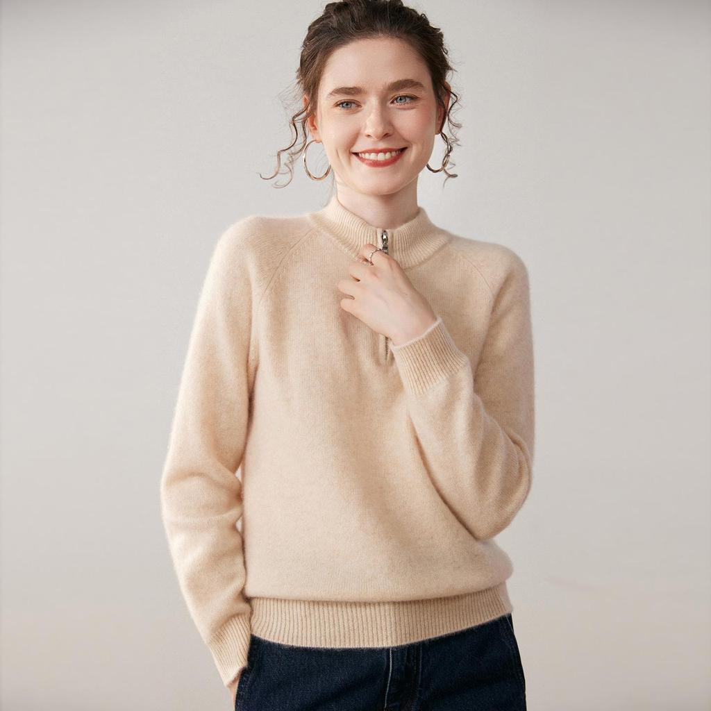 Women's Cashmere Half-Zip Pullover: Versatile Loose-Fit Solid Knit Sweater for Autumn/Winter
