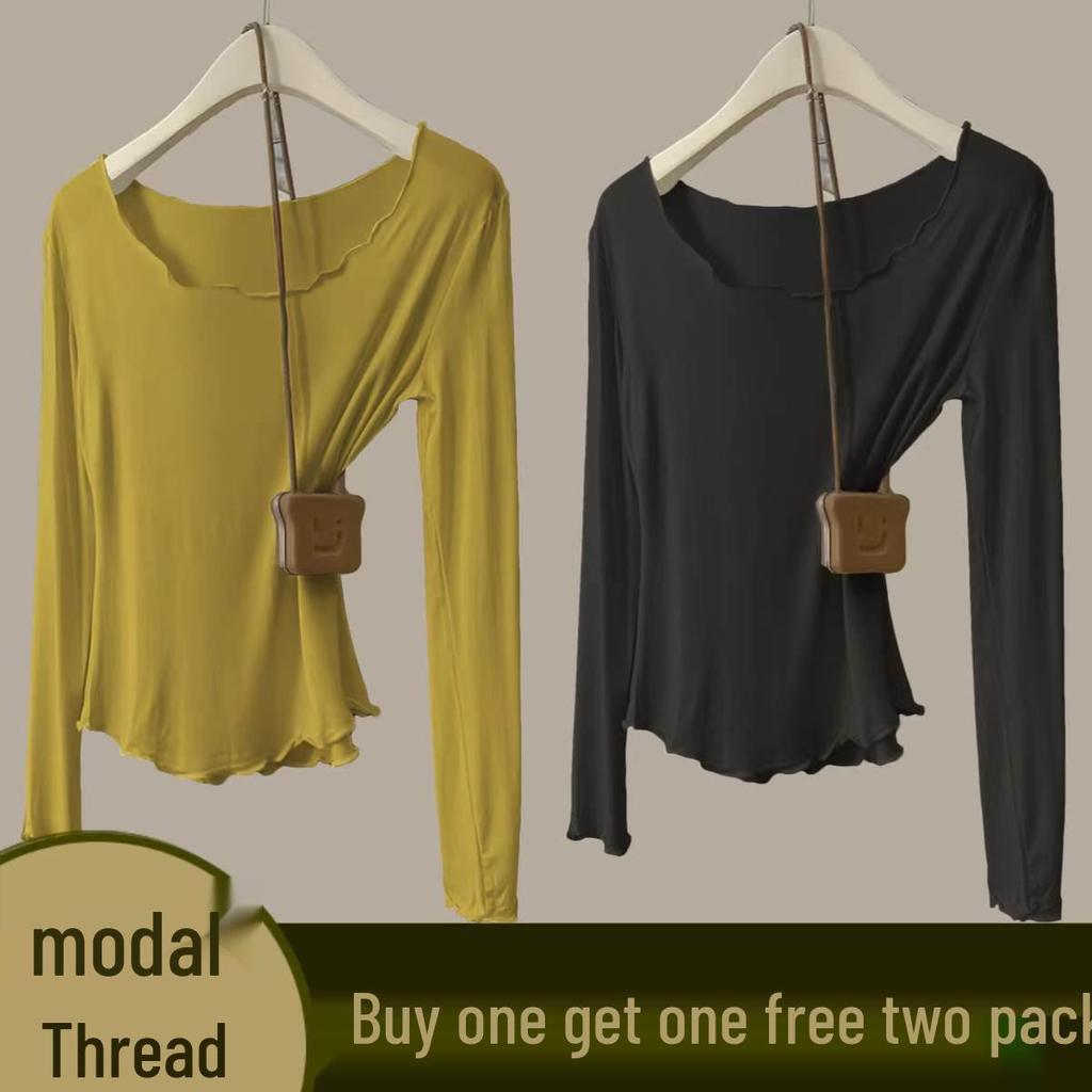 Women's Autumn Modal Ribbed Top: Round Neck, Long Sleeve, Rolled Hem, Base Layer T-Shirt