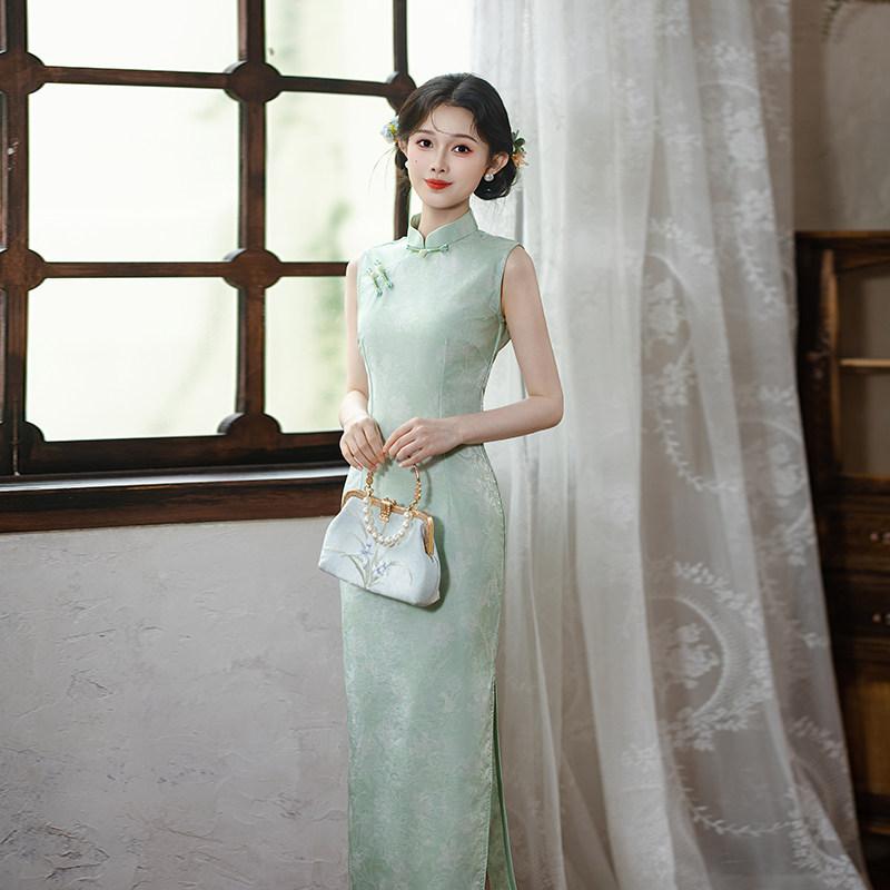 Green sleeveless national style new Chinese daily Suzhou long cheongsam improved young 1011 new women's high sense