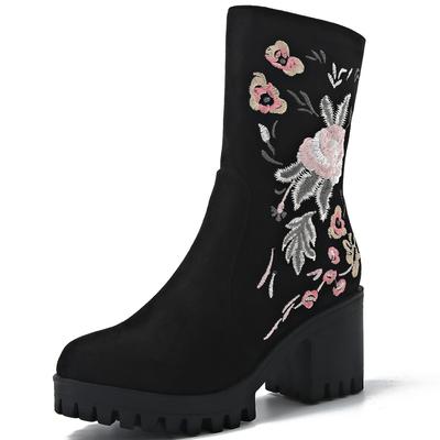 Black Ankle Boots for Women Fashion Embroidered Autumn Winter Fashion Woman Pointy Lace Up Mid-calf Short Booties Plus Size 42