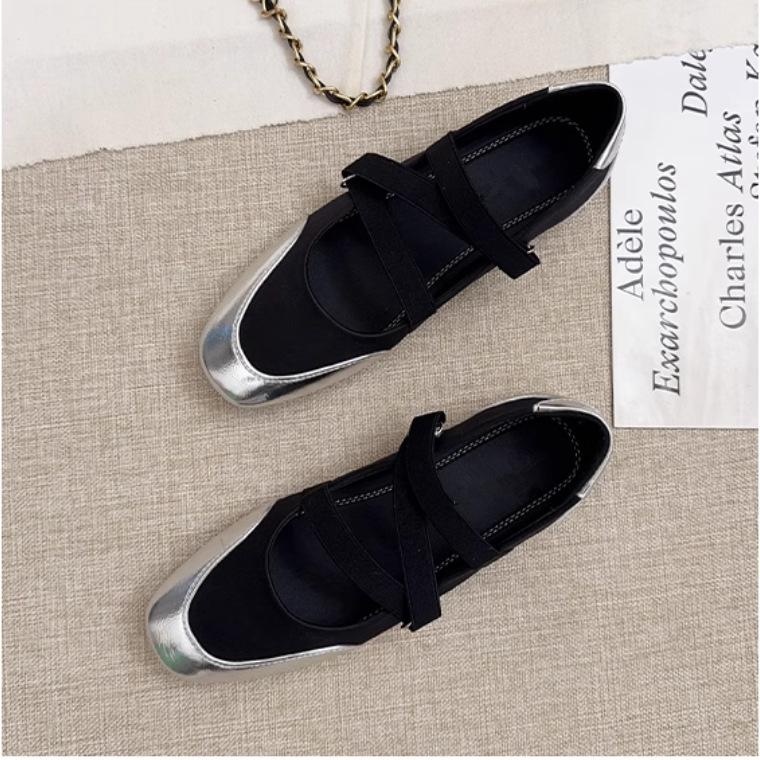 Flat shoes women's square head 2025 new spring and autumn light mouth Mary Jane ballet shoes elastic band silver soft sole single shoes
