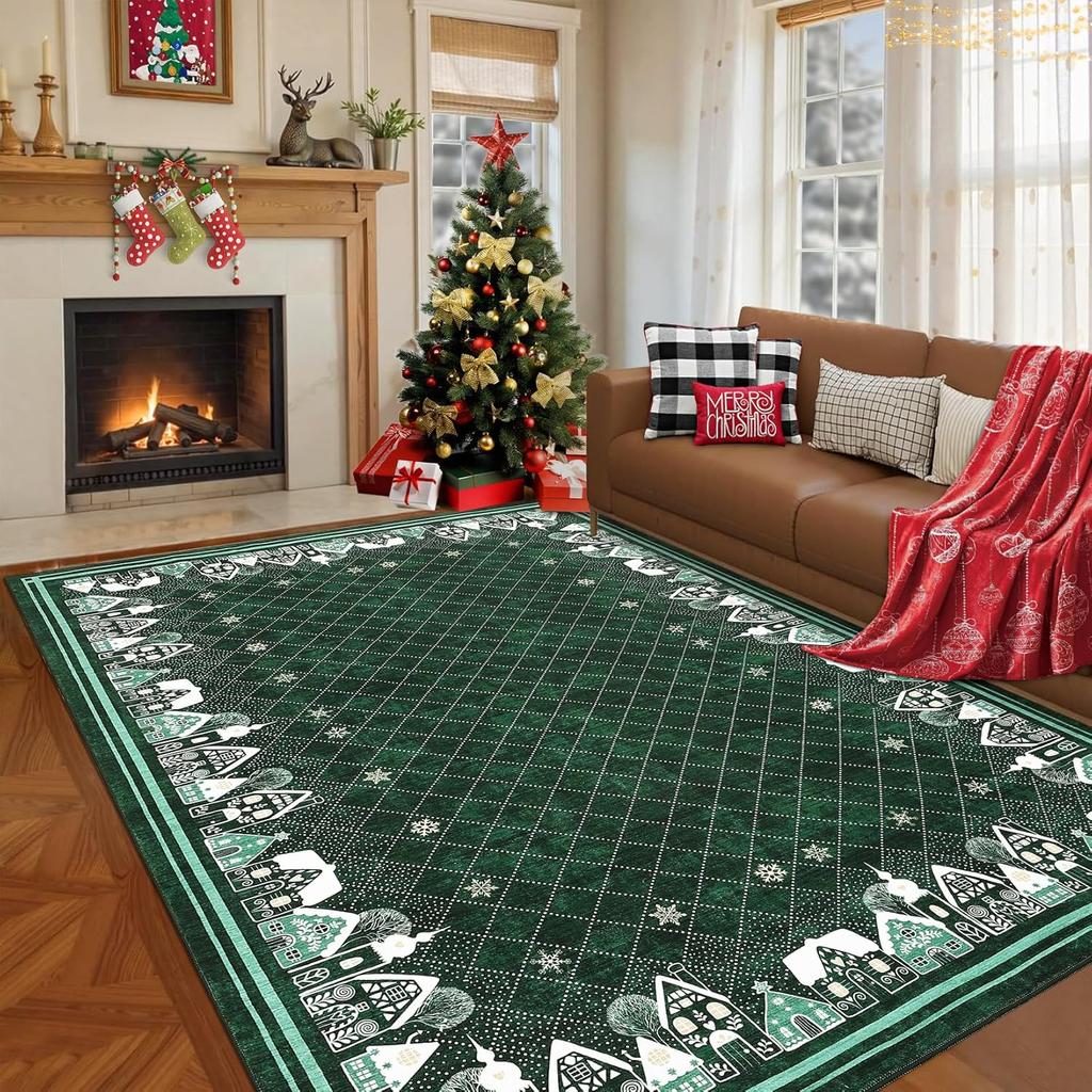 Christmas Carpet Mat Rug Red Green Snowman Reindeer Pattern with Merry Christmas Text Soft Floor Mat for Home Decoration