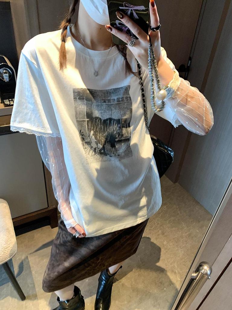 Mochie Spring Lace Patchwork Two-Piece Look Round Neck Printed Loose Slimming Long Sleeve T-Shirt