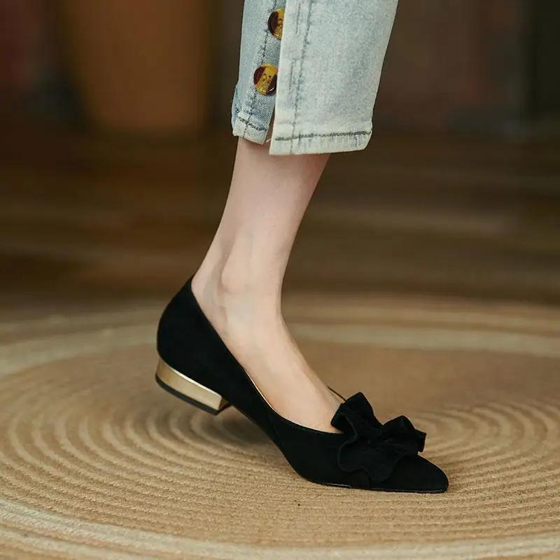 Fashion Luxury Leather Casual Shoes For Women Square Heels Low Heel Elegant Woman Footwear Pointed Toe Pleated 39 Quick Delivery Dress L