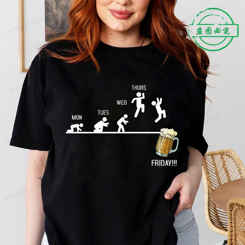 Women T Shirt Monday To Friday Drink Beer Funny Sports Fashion Casual T-shirt Skeleton FRIDAY Beer Graphic Tshirts Women Clothes