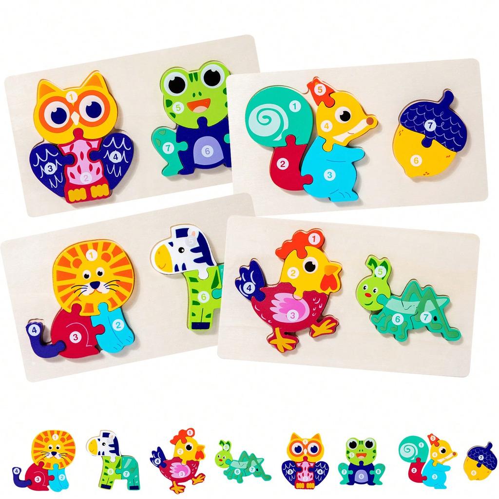 4 Piece Wooden Puzzle Animal Food Chain Chicken Squirrel Lion Owl Frog Animal Puzzle Simple Puzzle Toy Halloween Christmas Birthday Gift