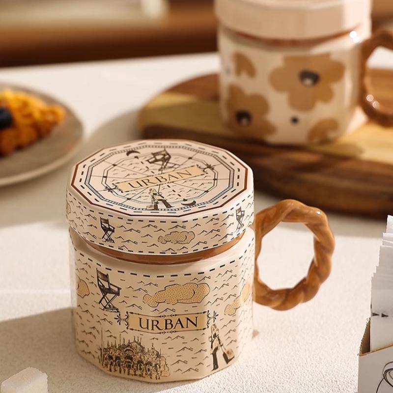 Girls Artistic Mug Retro Ceramic Cup with Lid Office Coffee Mug Couple Cup Water Cup