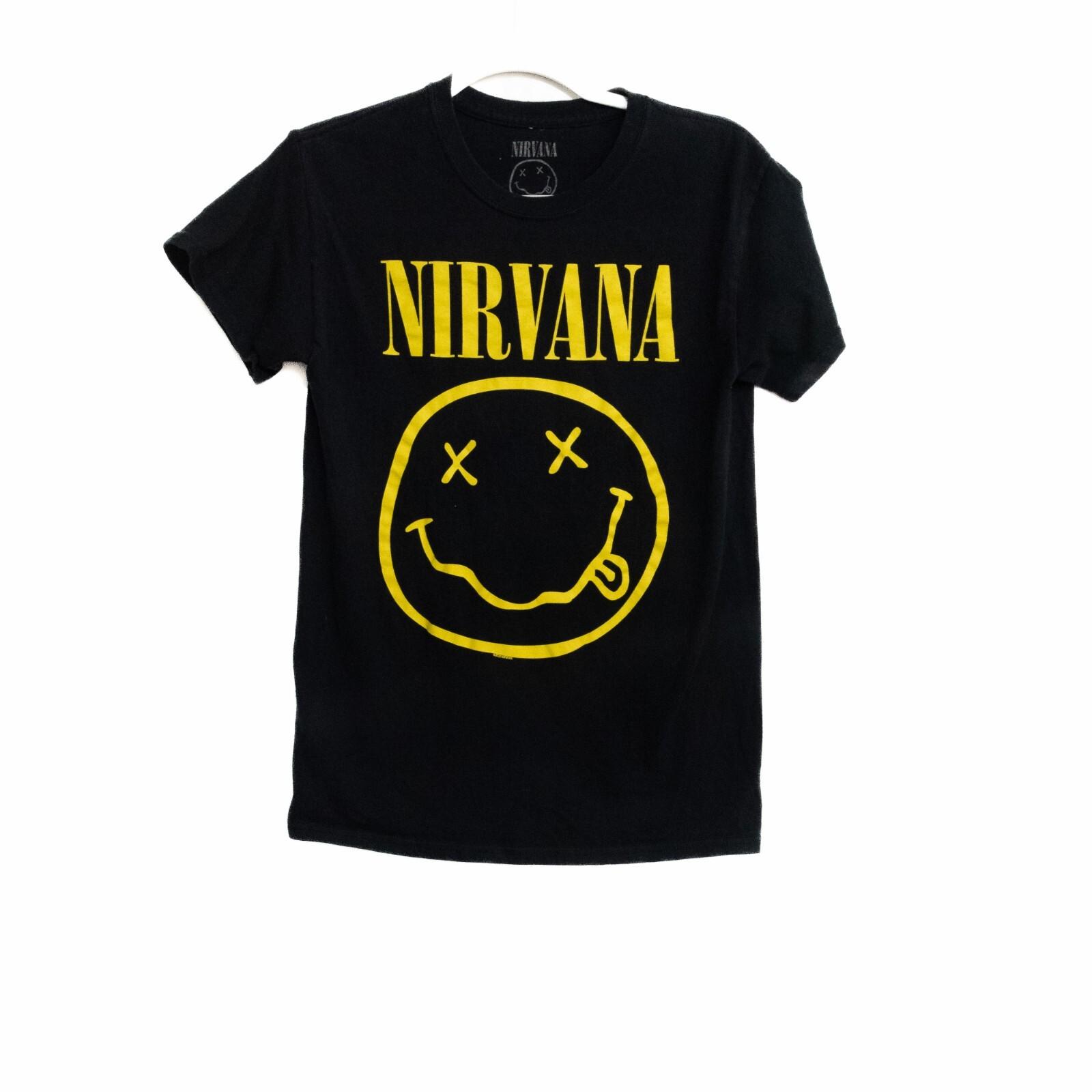 Nirvana Mens Black Cotton T-Shirt Graphic Yellow Spell Out Logo Short Sleeve S XXL