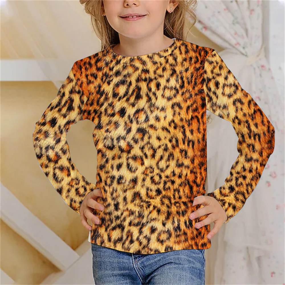 Animal Tiger Skin Children's 3D Digital Printing Girl Fashion Trend Round Neck Long Sleeved T-shirt