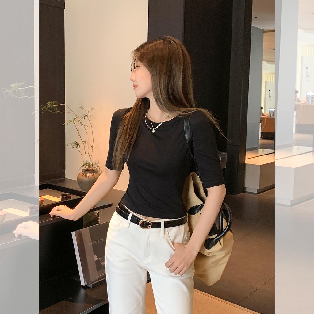 Black Sexy Hollowed-out Backless Lace-up Short-sleeved T-shirt for Women's Autumn Slim-fitting and Thin Babes