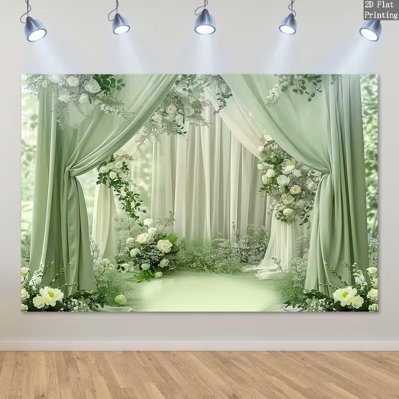 2D Flat Green Drape & White Rose Backdrop, Elegant Background for Engagement & Outdoor Wedding