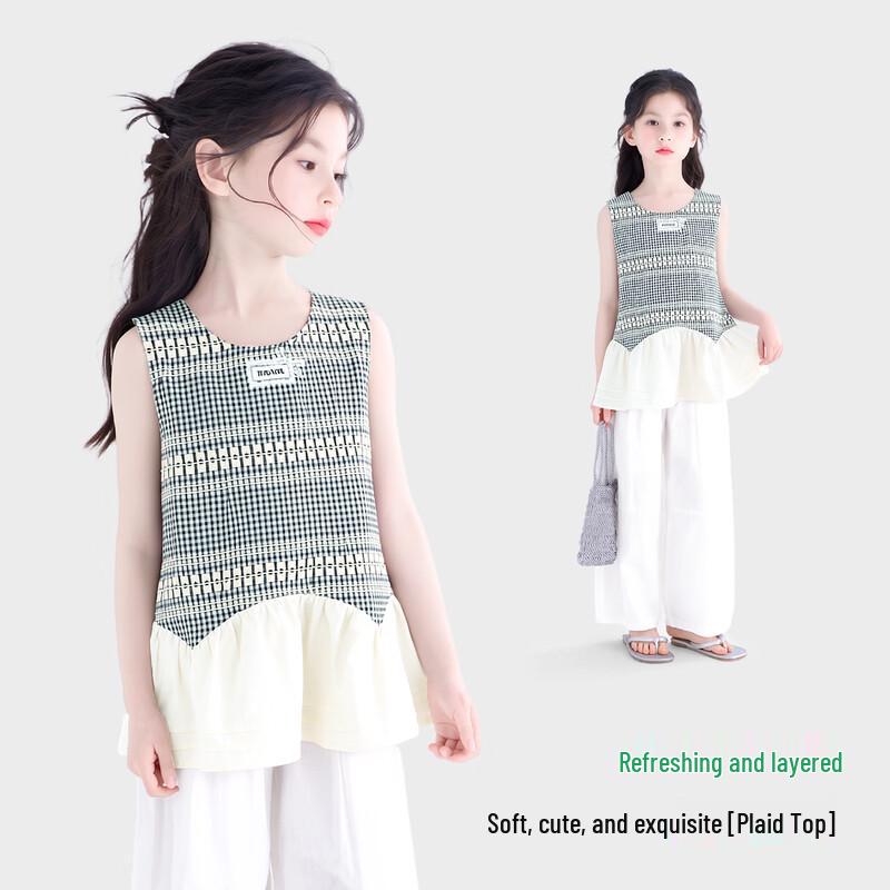 Girls  Summer Plaid Patchwork Sleeveless T-Shirt 150