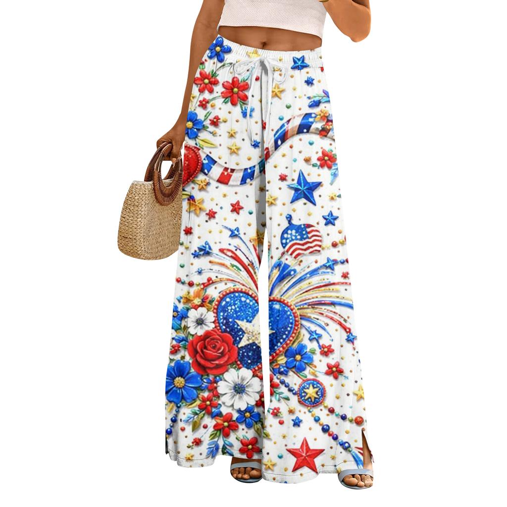 Dámské letní boho palazzo kalhoty s vysokým pasem a širokými nohavicemi, tisk, ležérní kalhoty s kapsami