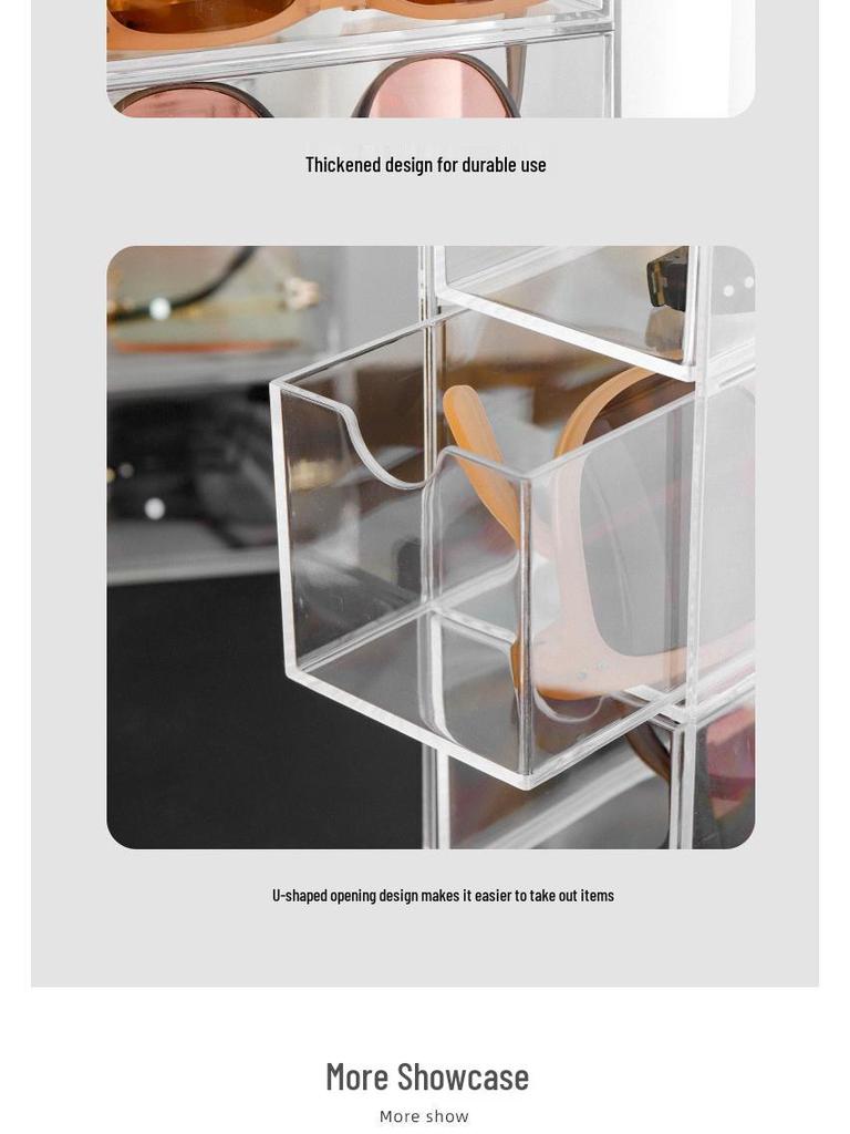 Desktop Eyeglasses & Sunglasses Storage Box - Transparent Divided Drawer Organizer for Cosmetics, Lipstick, and Contact Lenses.