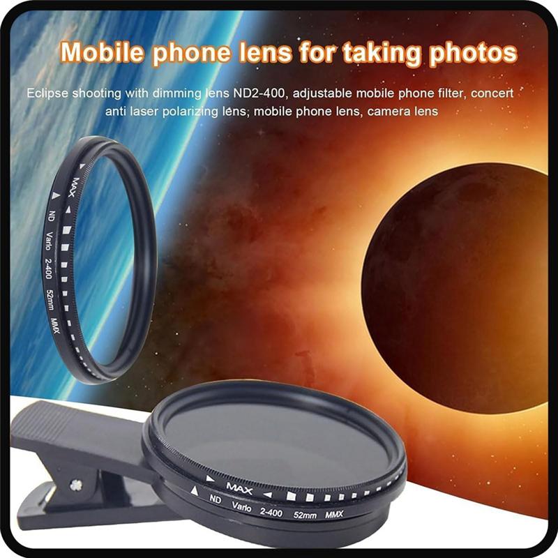 AEF7-1 Set Solar Eclipse Phone Filter 52Mm Camera Lens Filter ND 2-400 Smartphone Lens Filter With Clip Lens Cap