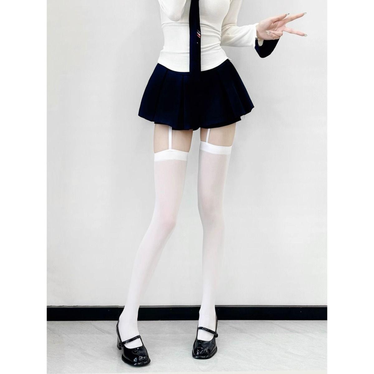 

Summer White Thigh-High Stockings - Sheer Sexy Black/White Over-the-Knee Silk Suspenders One Size