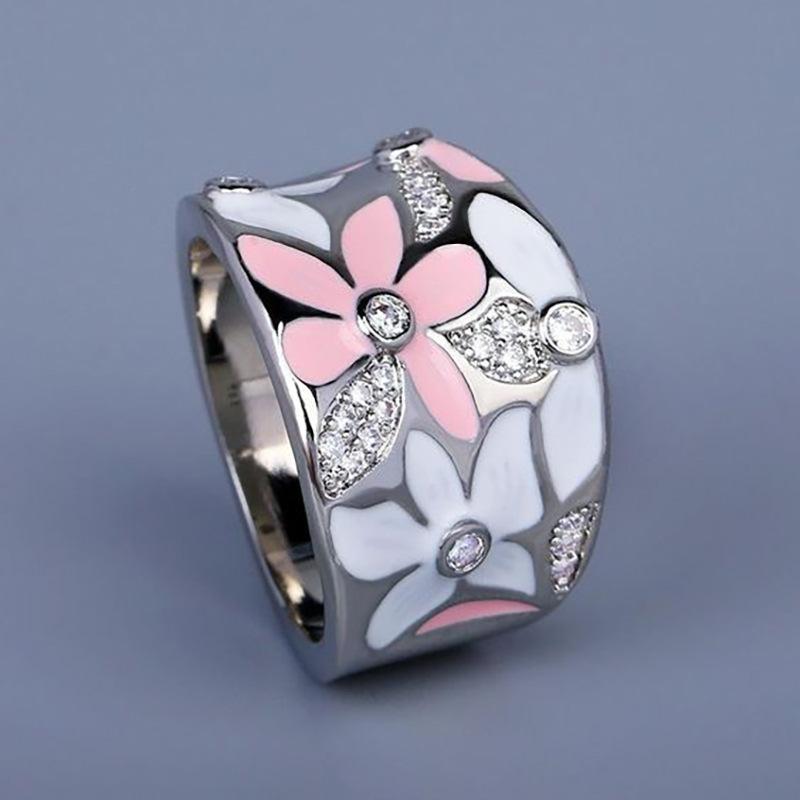 Beautiful Flower Slightly Inlaid Zircon Ring, Korean Flower Small Fresh Ring, Wide Index Finger Ring
