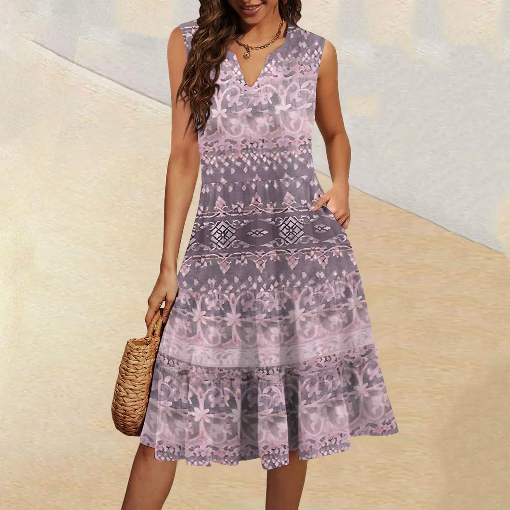 Women's Summer V-Neck Casual Pleated Ruffle Vintage Sleeveless Dresses