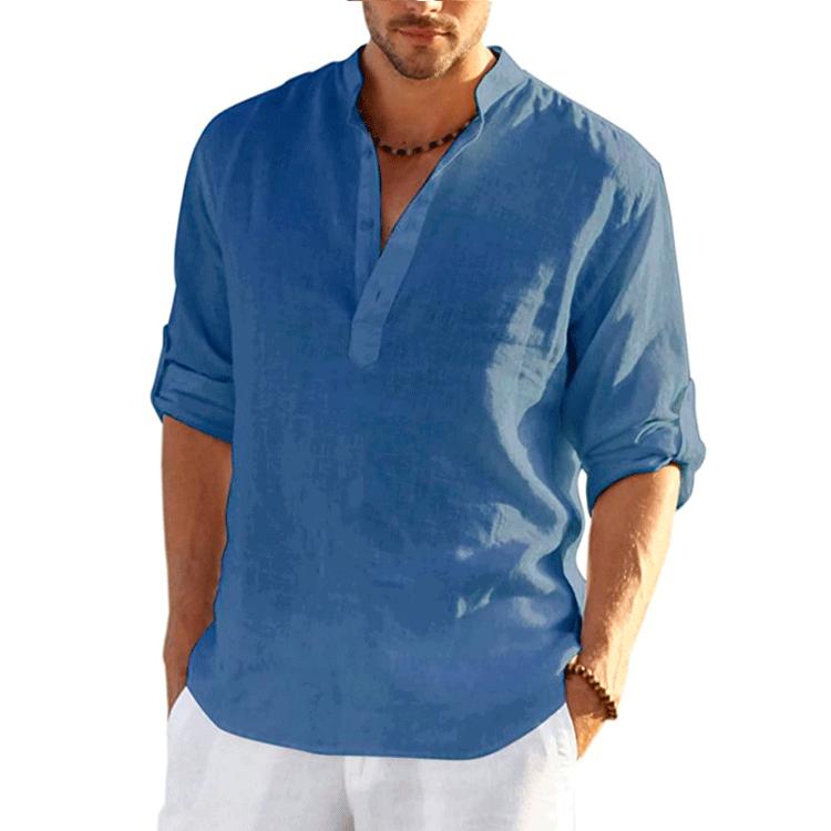 Large Size Men's Spring and Summer Buttoned Top Long Sleeve T-Shirt Solid Loose Fit Linen Shirt