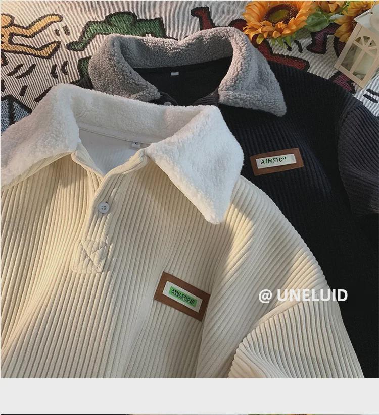 Men's Lamb Wool-Lined Corduroy Polo Sweatshirt - Autumn/Winter Hong Kong Style
