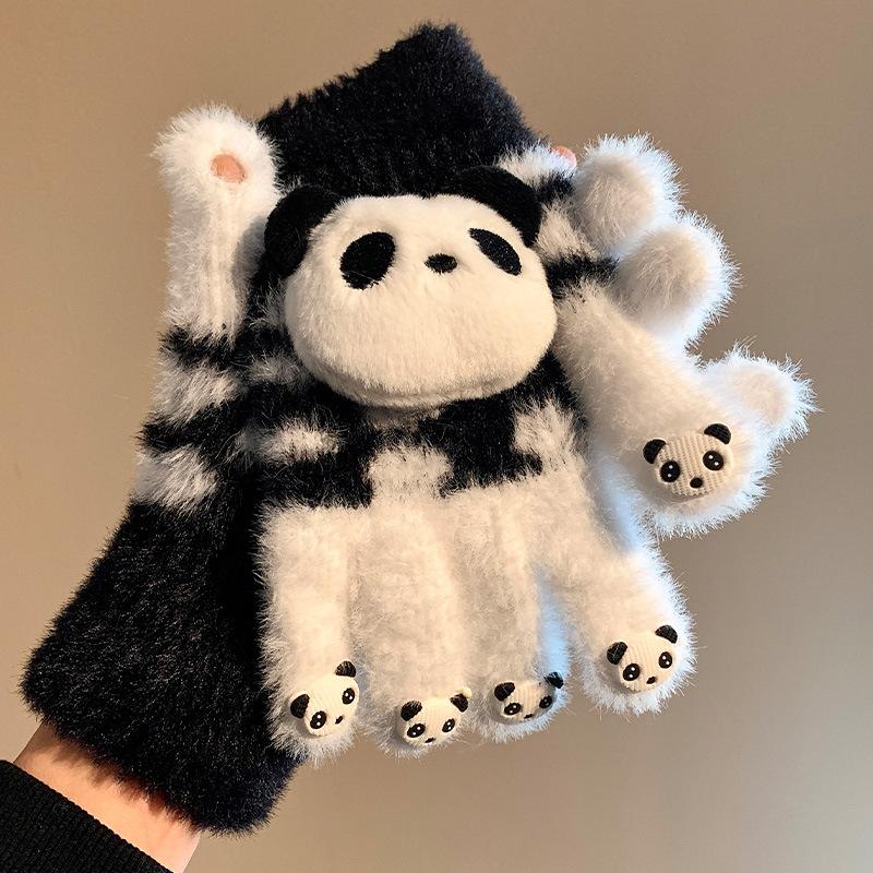 Cute red panda plush knitted five-finger gloves for women in winter, students can ride electric vehicles to keep warm and thicker