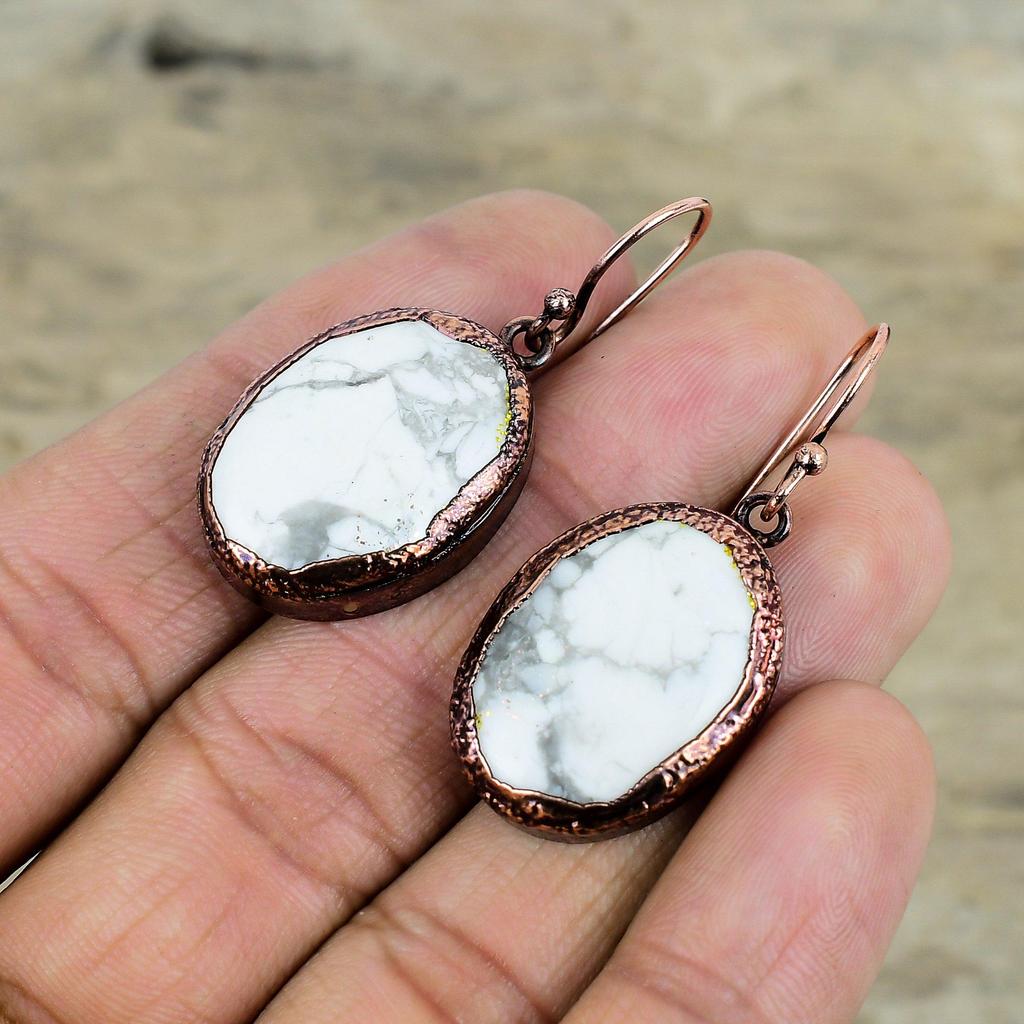 Howlith Ohrringe Elektrogeformte Kupfer Ohrringe Designer Schmuck Handgemacht Tropfen Ohrringe Edelstein Kupfer Schmuck Erstaunliche Ohrringe Geschenke für Mama