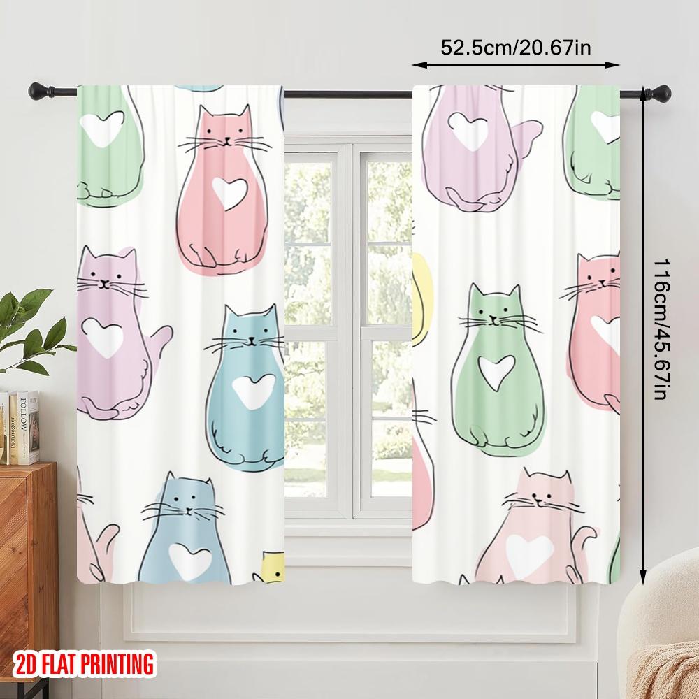 2pcs  2D plane printing Window Curtain Pastel Cats Design Polyester (without rod) Festive Ldeal for Bedroom   Living Room