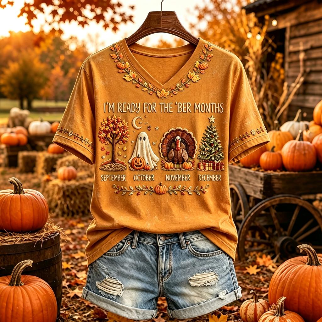 Women's Casual V-Neck Short Sleeve Pullover Top with Thanksgiving Print