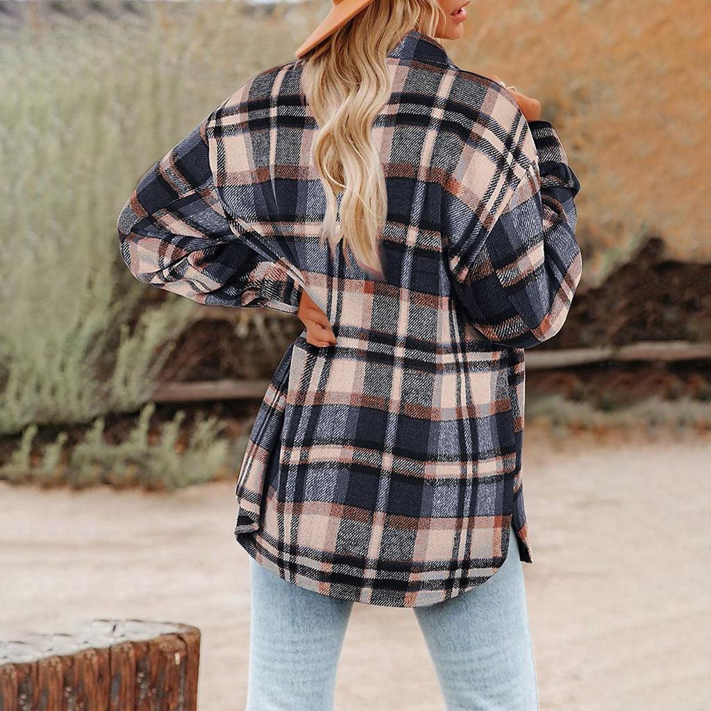 Damen-Hemden mit gebürstetem Karomuster, langärmlig, Flanell, Revers, Knopfleiste, Taschen, Shacket-Jacke, Mäntel