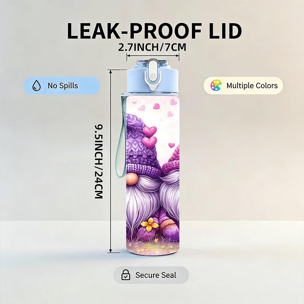 1PC Two Cute Purple Gnome Cartoon Print 750ml Color Plastic Sports Water Bottle Leakproof Flip Straw Lid Suitable for Sports Office Home Use