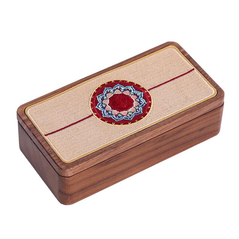 HeMu Magnetic Closure Embroidered Wooden Jewelry Box, Portable Mini Organizer for Rings, Earrings, Necklaces and Bracelets