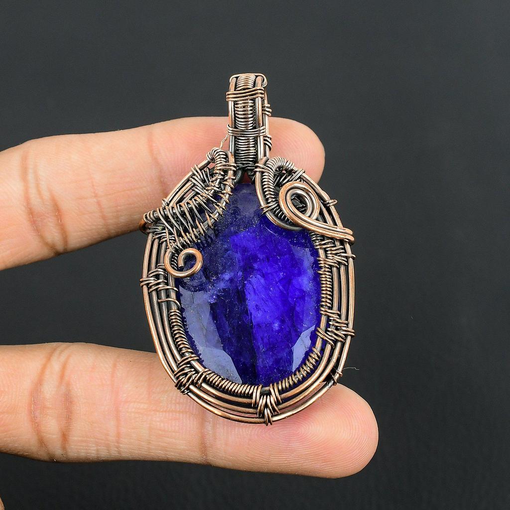 Blue Sapphire Pendant, Handmade Gemstone Pendant, 999 Copper Wire Wrapped Pendant Antique Jewelry, For Engagement Gift
