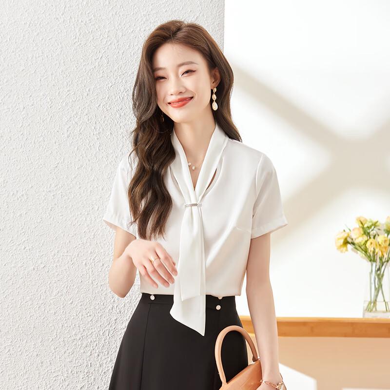 Women's Tie-Neck Chiffon Short Sleeve Blouse