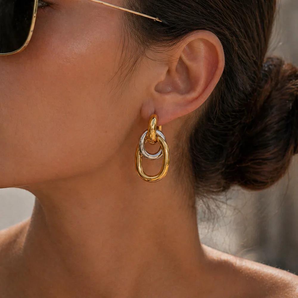 New Vintage Stainless Steel Double Circle Stud Earrings for Women Simple Irregular Elliptical Earrings Waterproof Jewelry