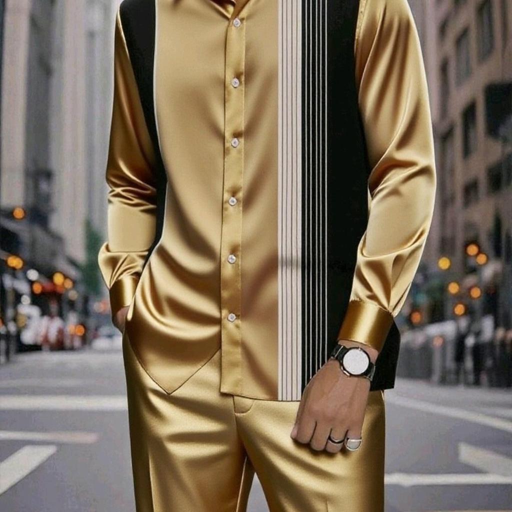 Slim-Fit-Freizeithemd und -hose für Herren mit langen Ärmeln und Streifenmuster