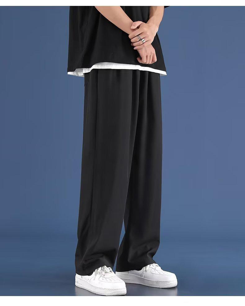 Men's Summer Ice Silk Wide-Leg Pants – Solid Color, Loose Fit, Plus Size, Straight Leg, Hong Kong Style