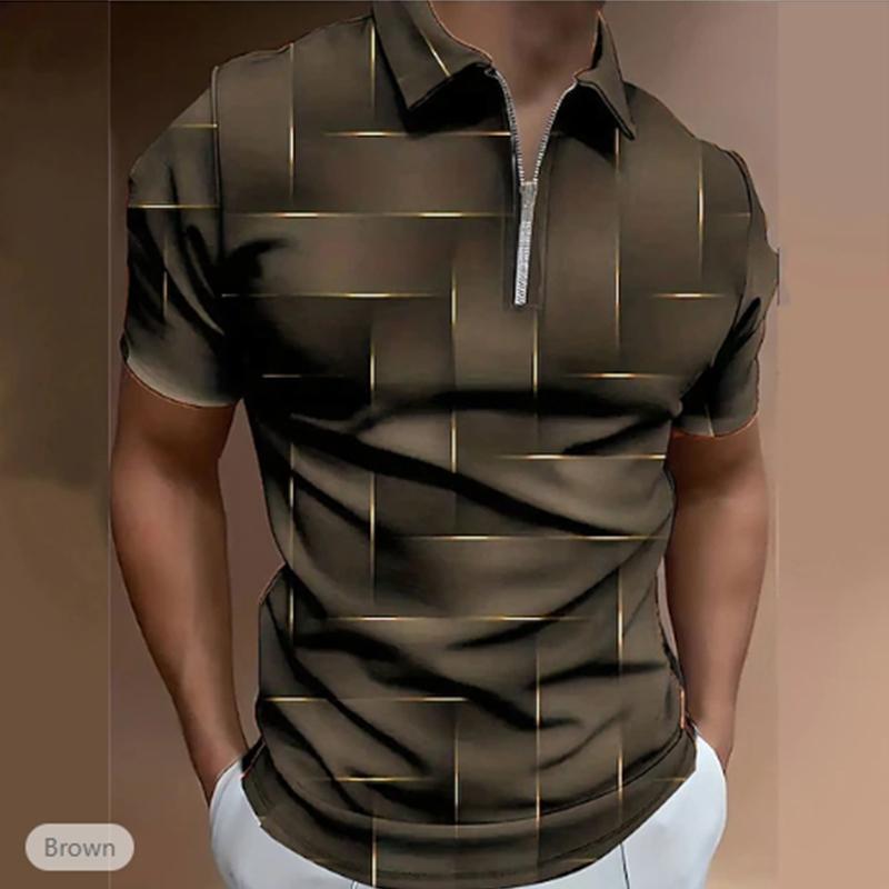 

Повседневная футболка с лацканами, молодежная модная футболка с застежкой-молнией, футболка с коротким рукавом, мужская 3D-бутиковая мужская футболка с квадратным узором 8XL коричневый