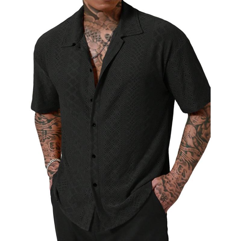 Men's White Eyelet Textured Short Sleeve Shirt, Casual Camp Collar Button Down Summer Top