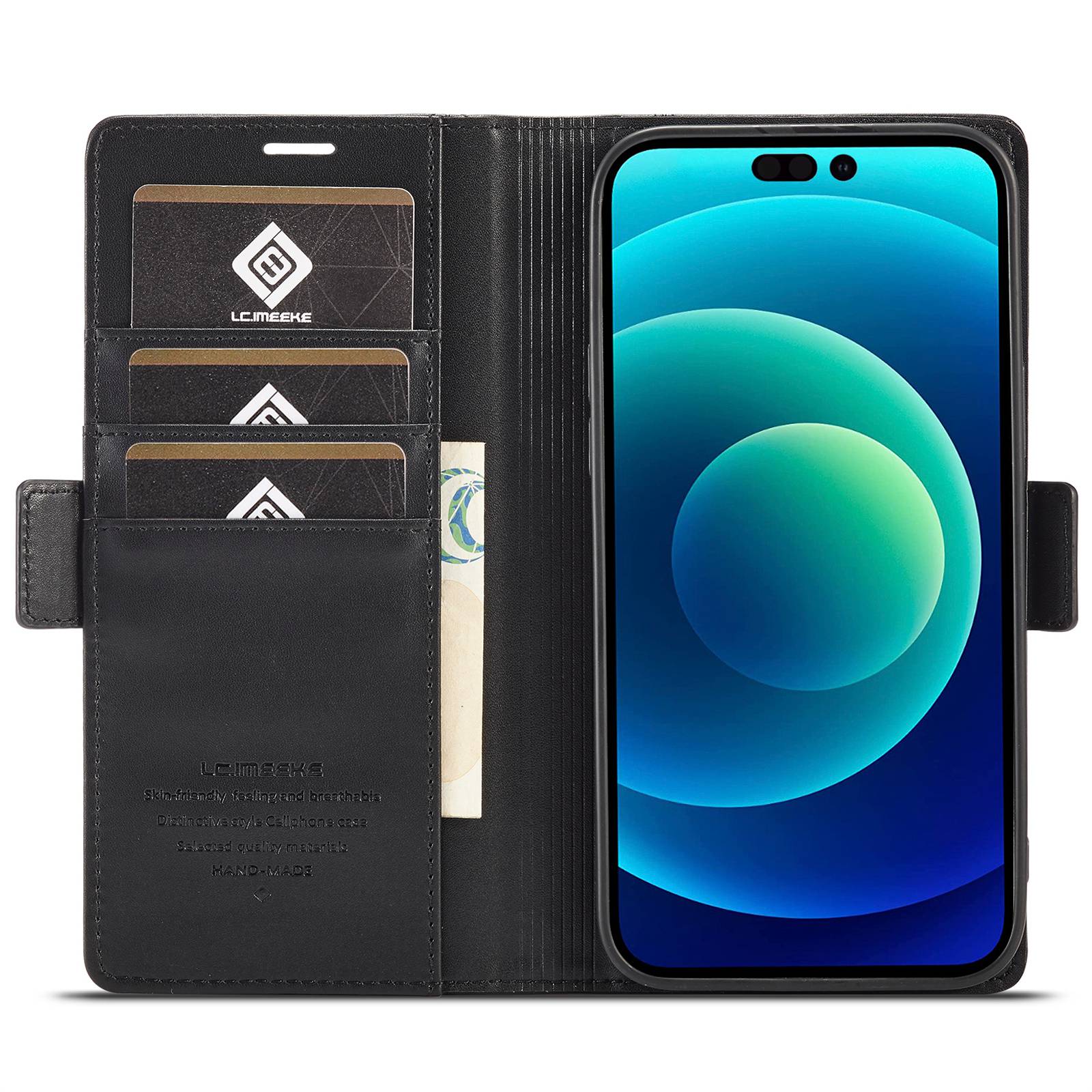 

LC.IMEEKE for iPhone 14 Pro Max 6.7 inch PU Leather Phone Stand Cover Double Magnetic Clasps Drop-proof Case with Wallet Black