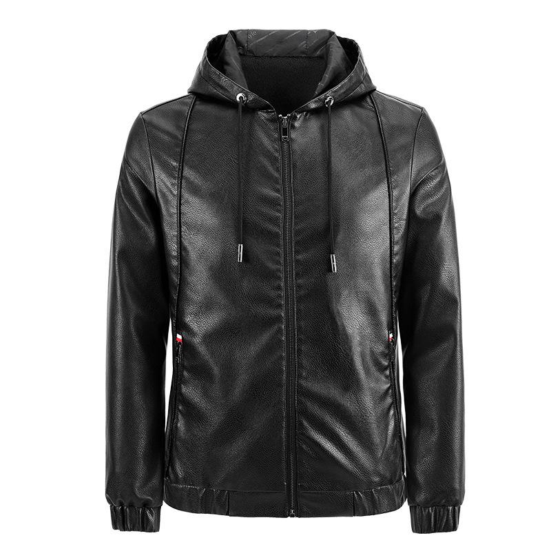 Fleece Men's Leather Jacket, Leather Jacket, Hooded Slim Korean Motorcycle Casual Jacket