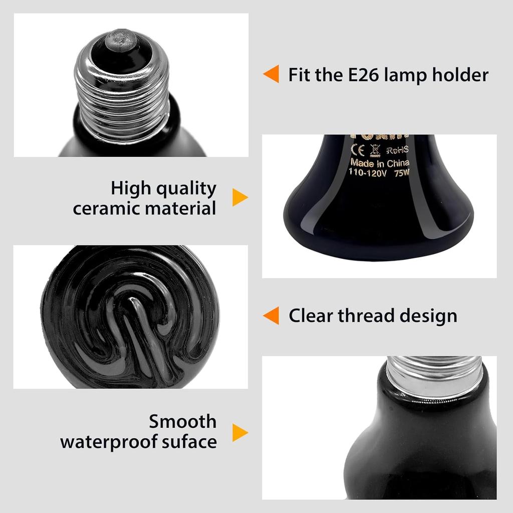 BNOSDM Reptile 75W Ceramic Heat Emitter,4 Pack Reptile Heat Lamp Bulbs,Non Light Emitting,Brooder Coop Heater Lamp Bulb for Amphibian Reptile Lizard