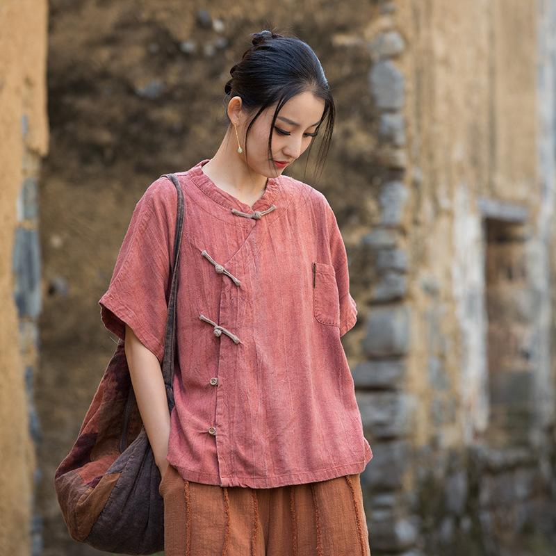 Johnature Women Vintage Shirts Tops O-Neck Bat Sleeve Blouses Summer Solid Color Loose Button Pockets Shirts