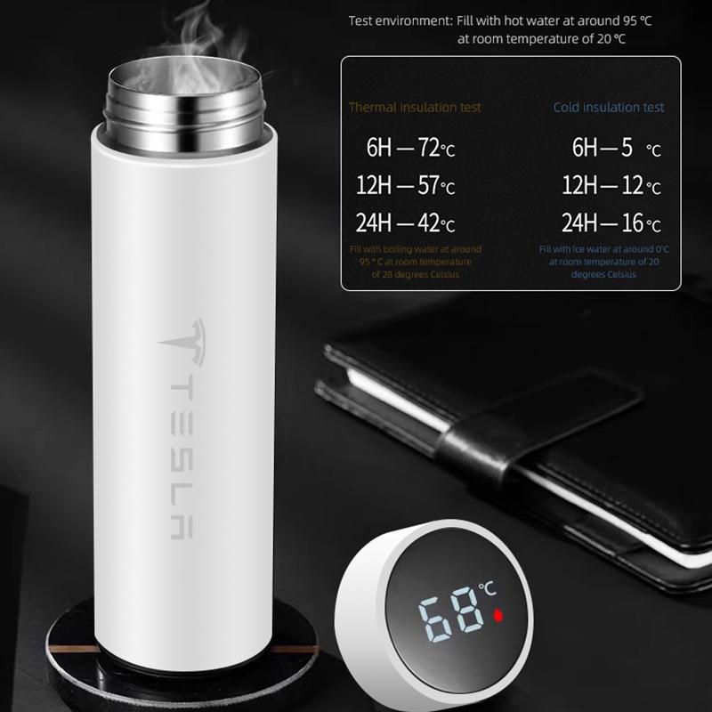 TCDT1 500ml Car Smart Thermos Mug Stainless Steel Insulated Water Bottle For Tesla Model 3 Model Y Model S Model X Cybertruck Roadster