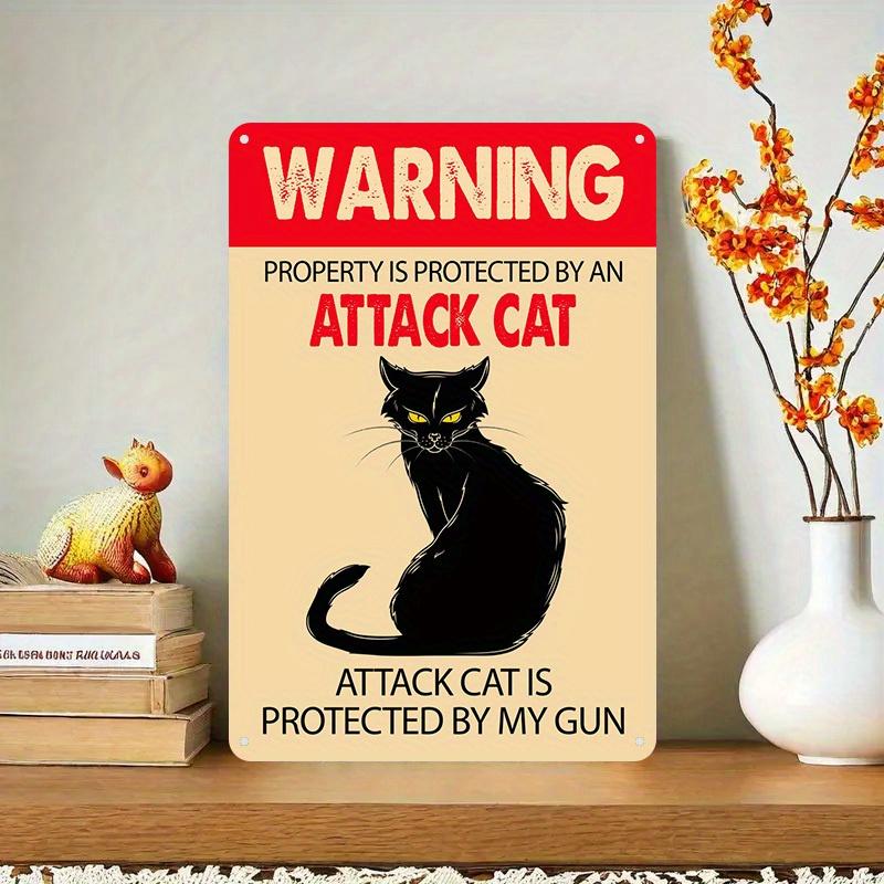 Funny Attack Cat Warning Sign Protected by Gun Humorous Metal Tin Sign for Cat Lovers Durable IndoorOutdoor Decor Uniqu