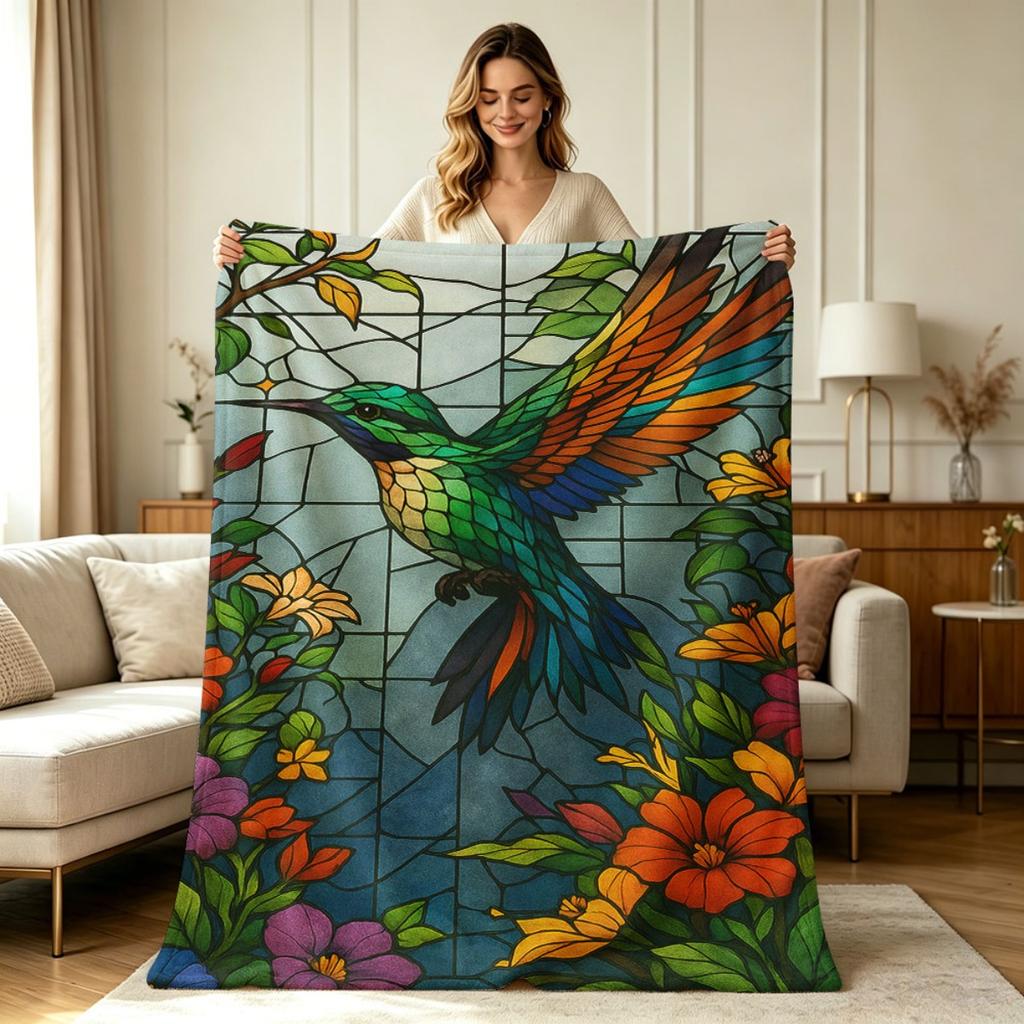 All Season Flannel Fleece Blanket with Stained Glass Hummingbird Floral Print Soft Warm Cozy Lightweight Throw Blanket for Couch Sofa Bed Living Room